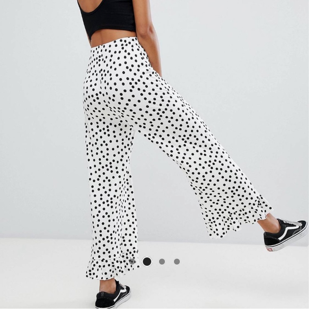 FUNKY WHITE AND BLACK POLKA DOT RUFFLE PANTS - Picture 2 of 3